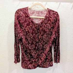 Garnet Hill Merino Wool Paisley Print Burgundy Women's Cardigan